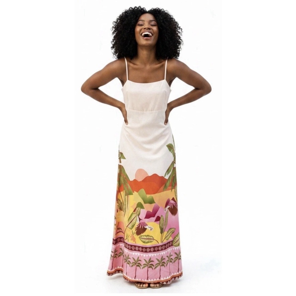 New Paper Heart Strapless Maxi Dress Linen Tropical Palm Print Resort Size Small